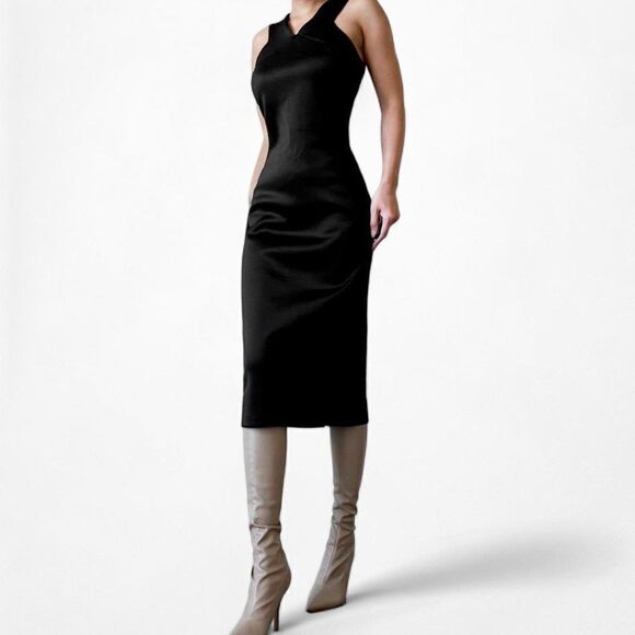 Jennifer Lopez Black Halter Cocktail Formal Knit Knee Length Dress Size 6/M - Picture 2 of 6